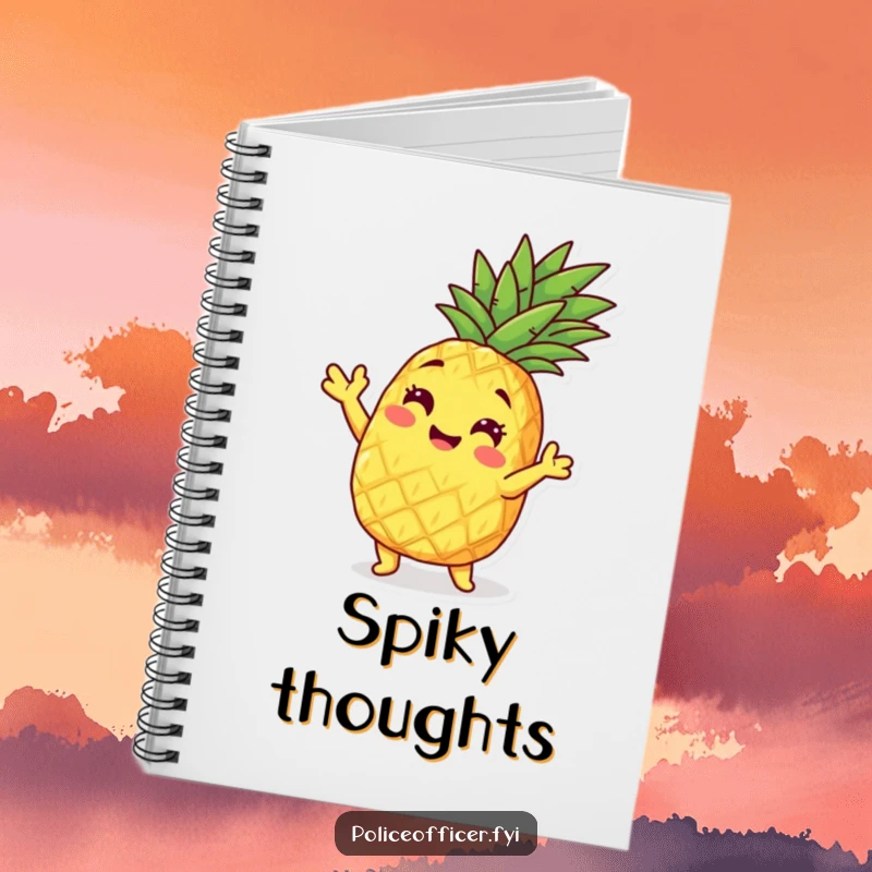 Funny pineapple character striking a playful pose on a notebook cover, inspiring cheerful thoughts.