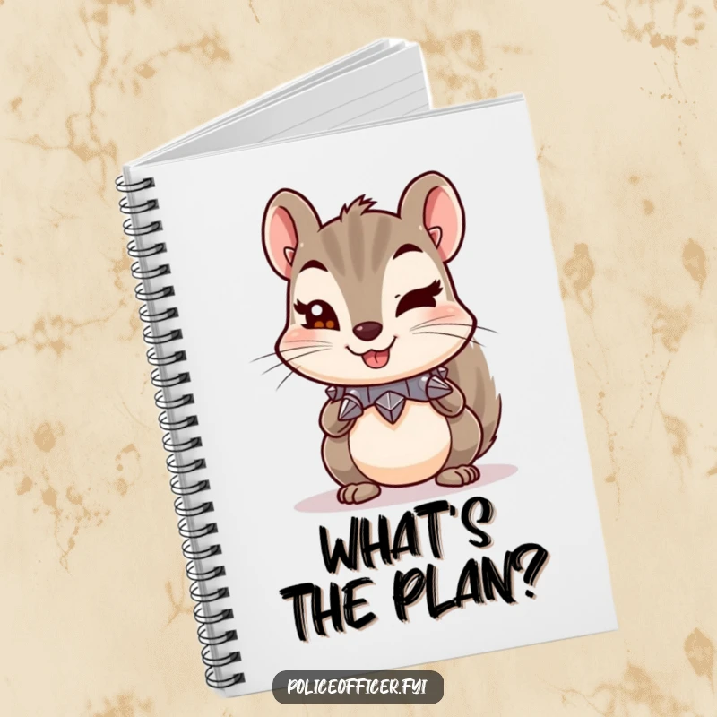 Funny notebook with a mischievous squirrel, tiny spiked collar, and a cheeky wink, perfect for jotting down playful ideas.