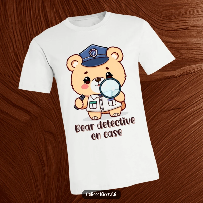 Funny t-shirt featuring a fluffy bear in a police uniform winking playfully while holding a magnifying glass.