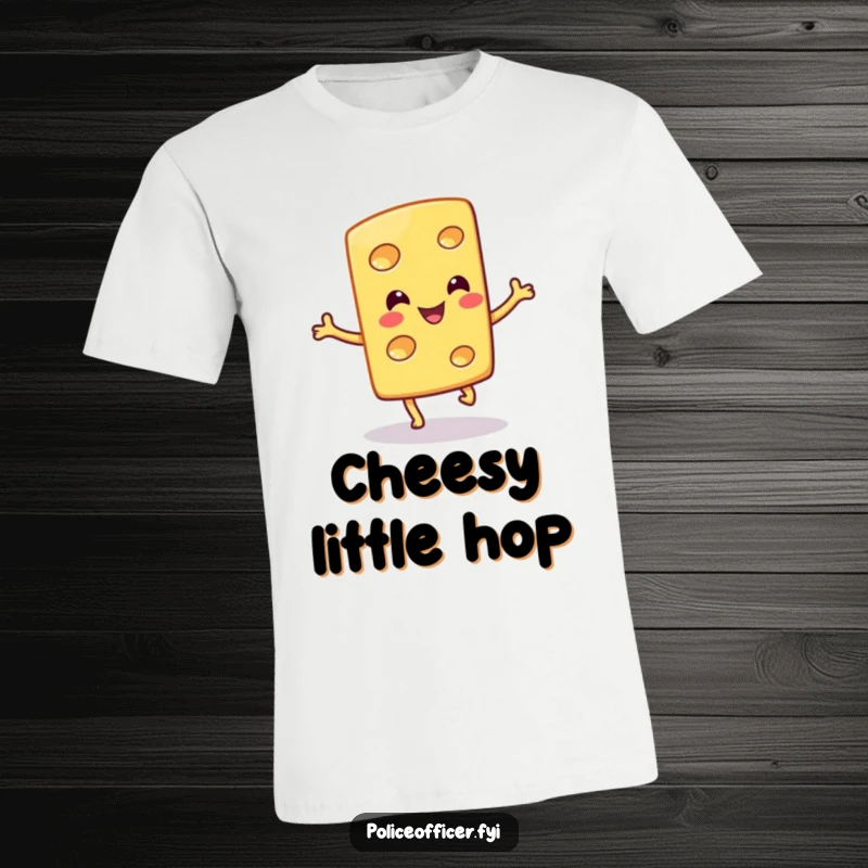 Funny t-shirt features a smiling, anthropomorphic cheese slice in a joyful, silly hop, symbolizing lightheartedness.