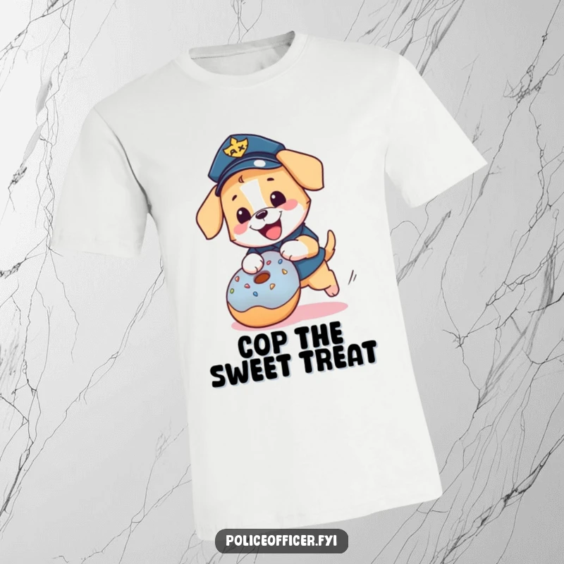 Funny puppy police officer t-shirt: a cheerful, uniformed dog enthusiastically pursuing a rolling donut.