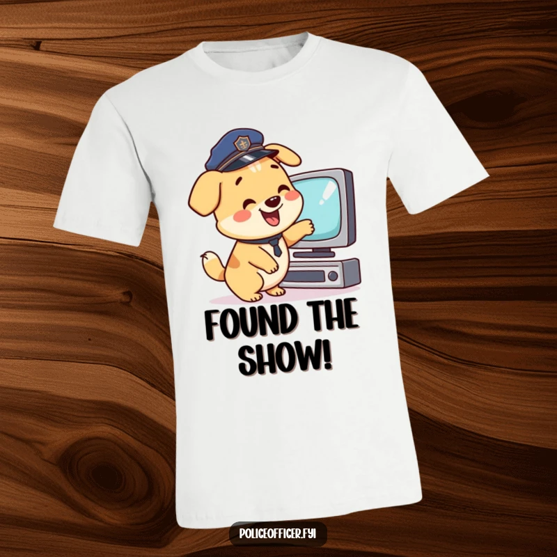 Funny T-Shirt: Happy dog in police hat pointing at TV, tail wagging, a humorous funny gift.