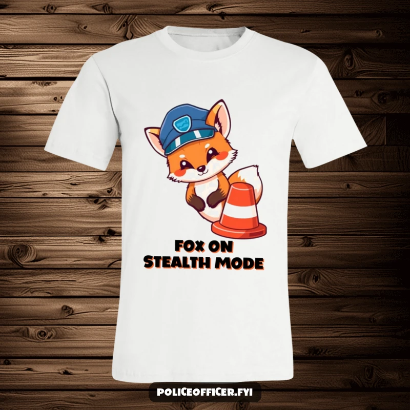 Funny t-shirt featuring a cute fox in a police cap peeking out from behind a bright traffic cone, looking mischievous.