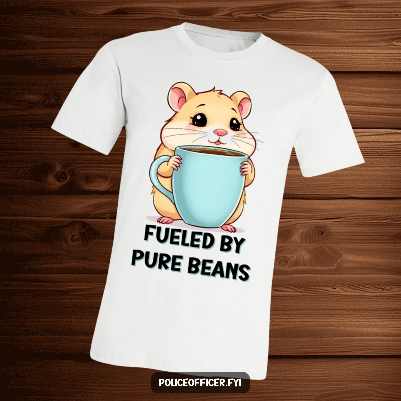 Funny Hamster T-Shirt with a chubby hamster holding a giant coffee cup, looking thoughtful, embodying coffee break contemplation, a perfect funny gift.