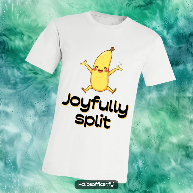 Funny t-shirt features a happy banana with legs in a dynamic split pose, symbolizing exuberant joy and fun.