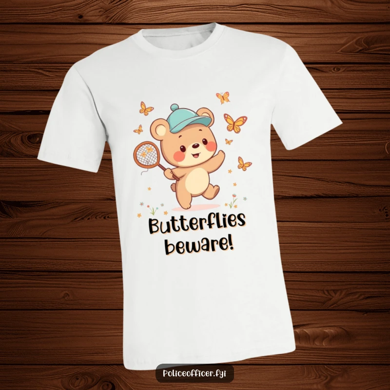 Funny Bear Cub T-Shirt showcasing a cheerful cub wearing a jaunty cap, happily chasing butterflies with a net, full of playful energy.