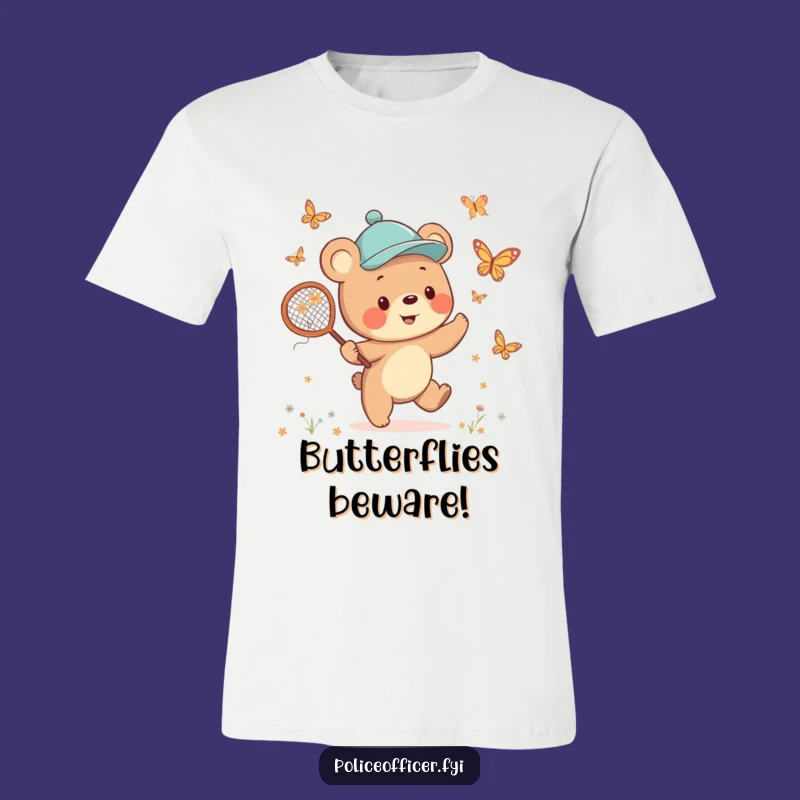 Funny Bear Cub T-Shirt: Jaunty Cap Butterfly Chaser for a Cheerful, Humorous Look
