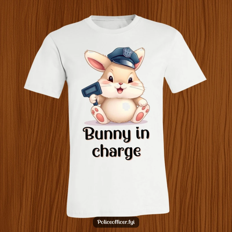 Funny Bunny Cop T-Shirt with a fluffy bunny in a small police hat, happily directing traffic with comically large paws, full of cheer.