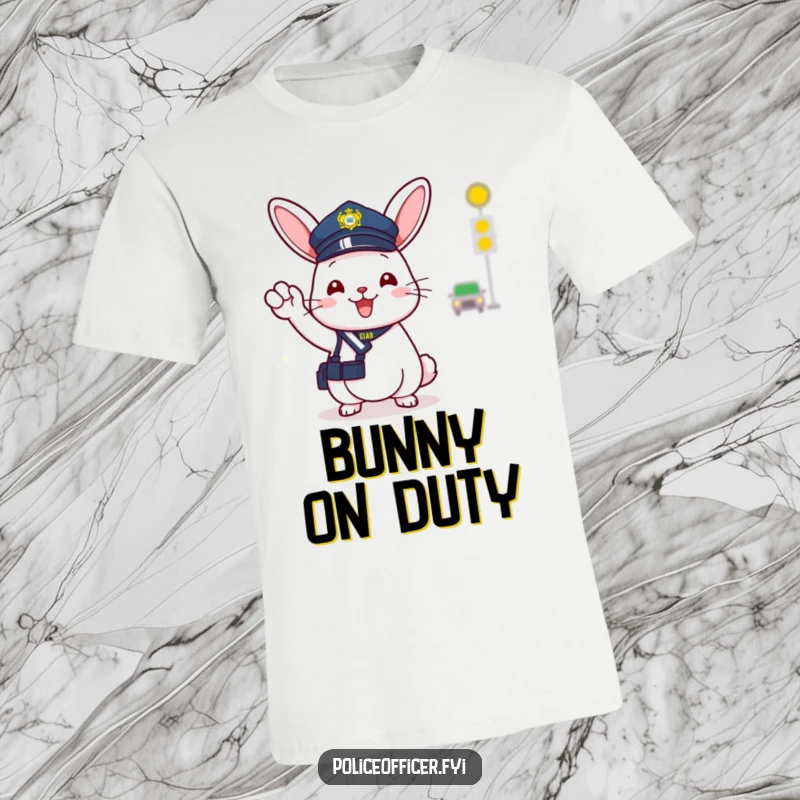 Funny tee with a cheerful bunny police officer in a small hat, enthusiastically directing traffic with a happy wave.