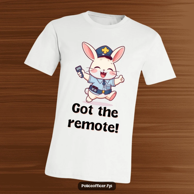 Funny T-Shirt: Mischievous bunny in police uniform jumps with joy holding a remote, a funny gift.