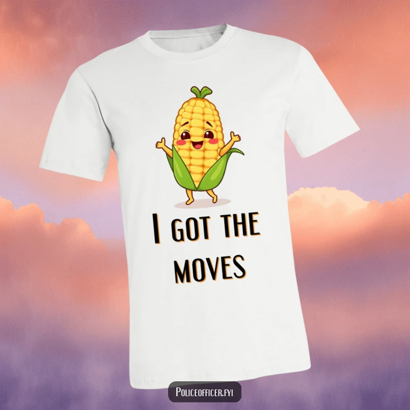 Funny corn cob character performing a hilarious dance move on a t-shirt, full of energy and humor.
