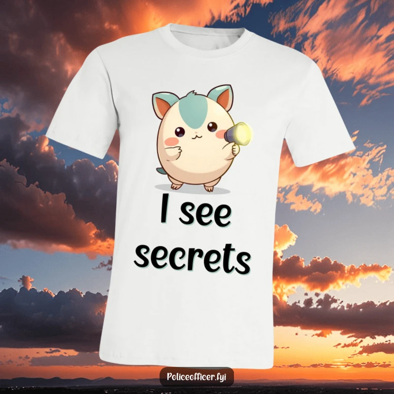 Funny t-shirt featuring a small, round creature with alert ears pointing a tiny flashlight, ready for exploration and fun.