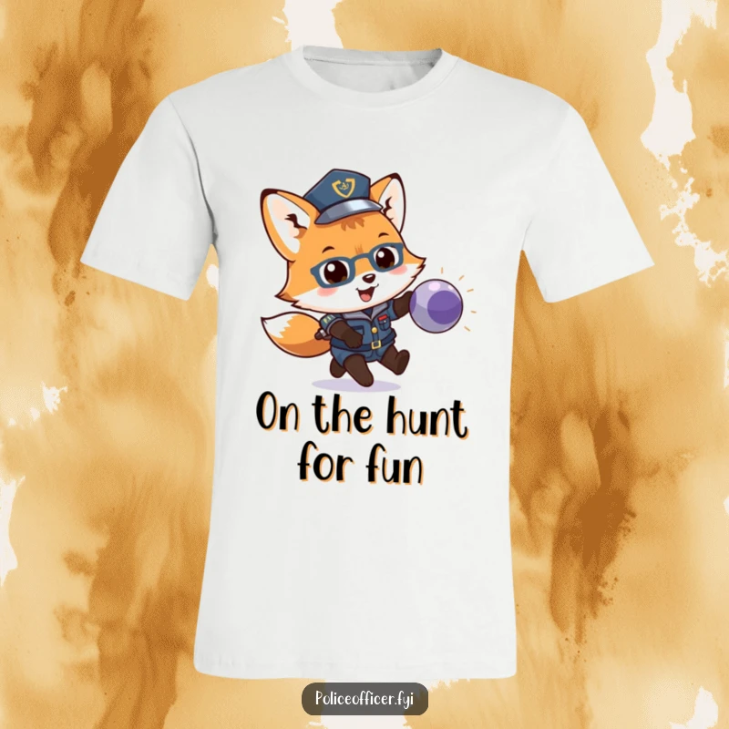 Funny t-shirt graphic of a fox cub wearing a police uniform, chasing a bouncing ball. Humorous and playful law enforcement design.