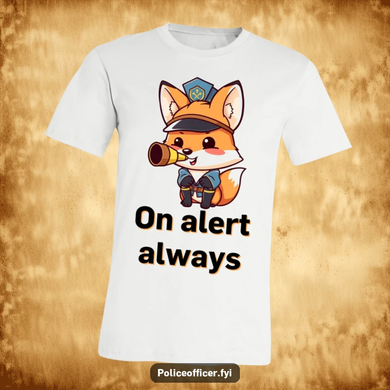 Funny fox police officer t-shirt: a proud, smiling fox in a hat blowing a police whistle.