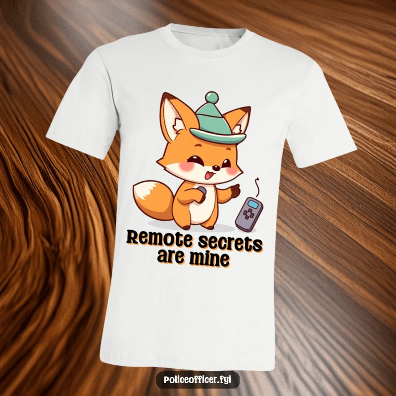 Mischievous fox in a tiny hat pointing a finger at a TV remote, printed on a soft funny t-shirt.