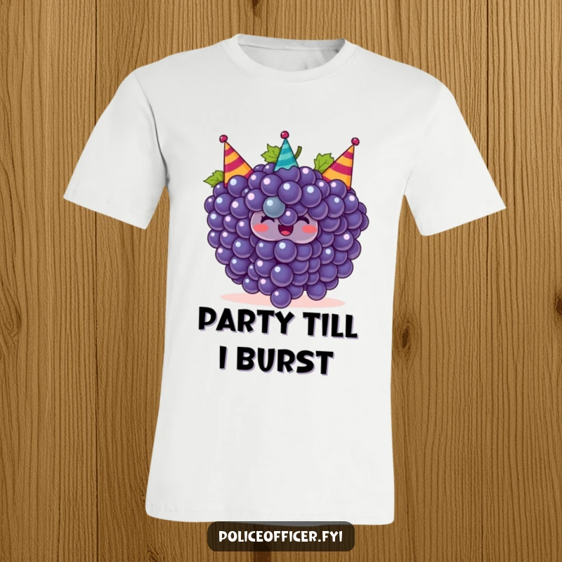 Funny grapes t-shirt showcasing a smiling bunch of grapes in party hats, celebrating with fruity and humorous charm.