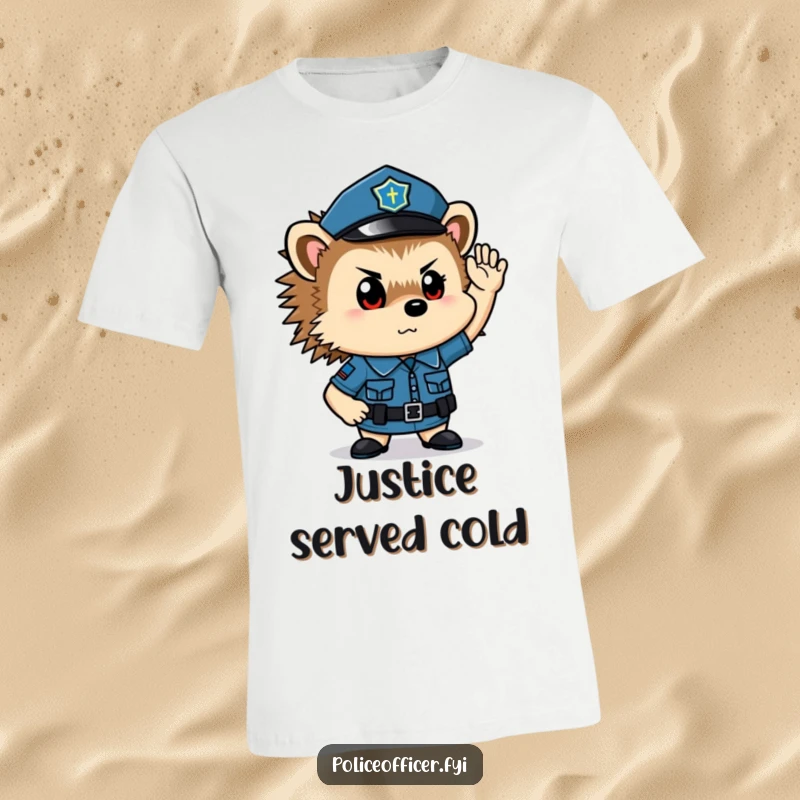 Funny hedgehog police officer t-shirt: a miniature, determined cop in uniform saluting with a mission.