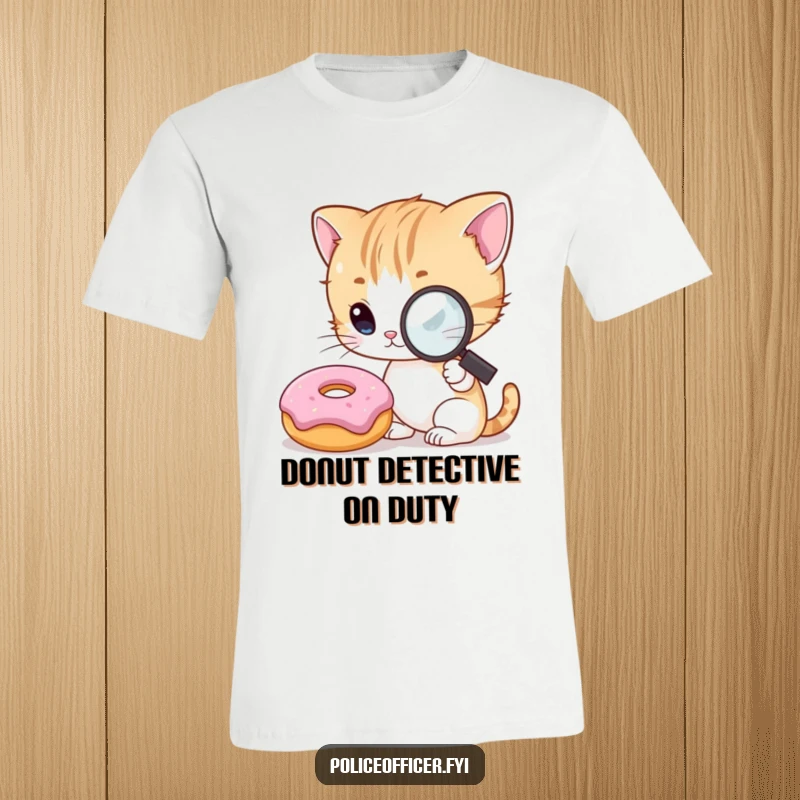 Funny Kitten Detective T-Shirt showcasing a curious kitten with a magnifying glass, peering closely at a smiling donut, embodying playful investigation.