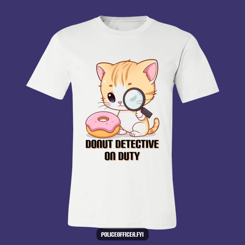 Funny Kitten Detective T-Shirt: Curious Cat Investigating Donut for Humorous Style