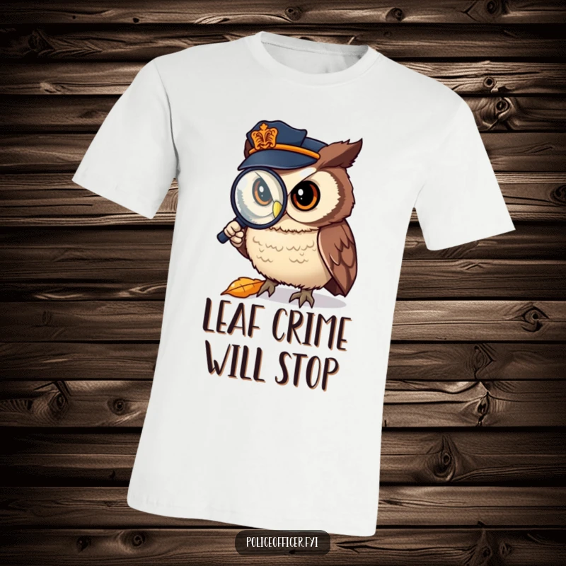 Funny T-Shirt: A determined owl cop with a magnifying glass, scrutinizing a fallen leaf, a hilarious detective scene.