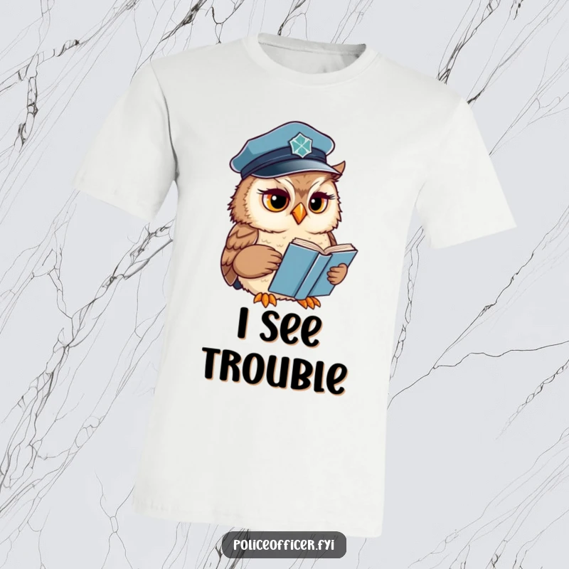 Funny Owl T-Shirt featuring a wise officer reading a book with a concerned expression, great for casual, humorous wear.