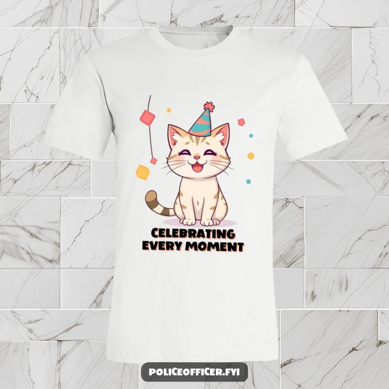 Funny party cat t-shirt featuring a cat in a hat batting at shapes, showing playful energy and festive spirit.