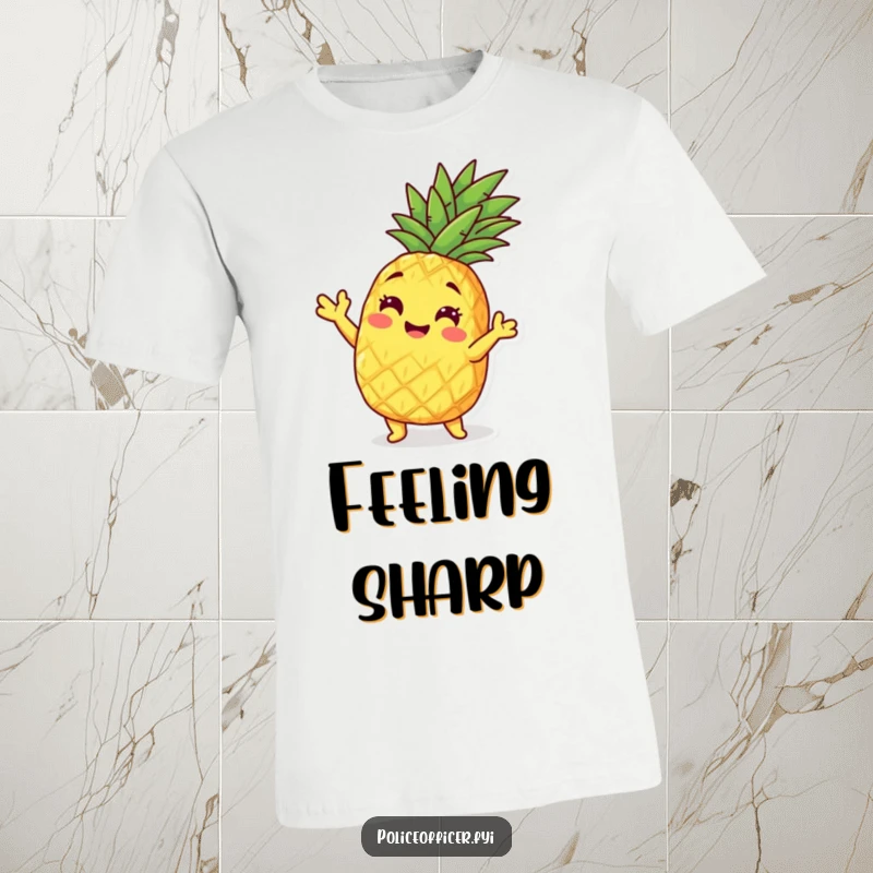 Funny pineapple character striking a cool, playful pose on a t-shirt, radiating tropical vibes.