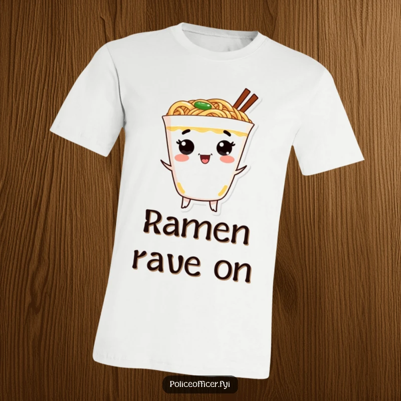 Funny ramen t-shirt depicting a cheerful ramen cup with a face dancing with extreme excitement and enthusiasm.