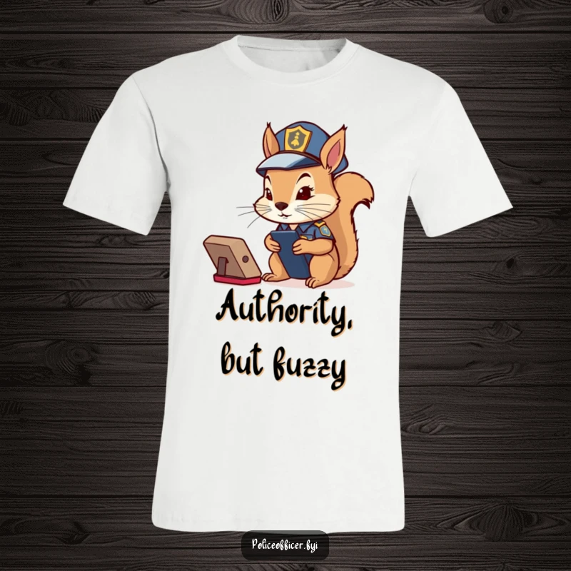 Funny Squirrel Cop T-Shirt: Determined squirrel in a police uniform intensely focused on a remote control.