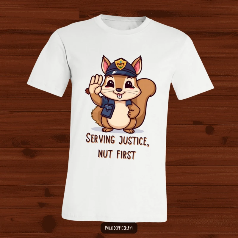 Funny T-Shirt: A cheerful squirrel police officer saluting with an acorn, a hilarious depiction of duty and joy.