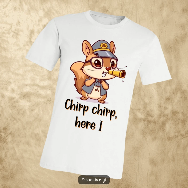 Funny t-shirt featuring a small, energetic squirrel police officer mid-whistle blow, full of action and enthusiasm.