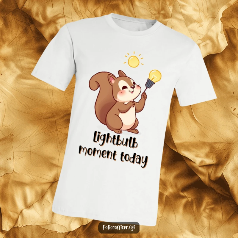 Funny squirrel t-shirt featuring a cheerful squirrel with a glowing lightbulb, symbolizing a brilliant idea, great for gifting.
