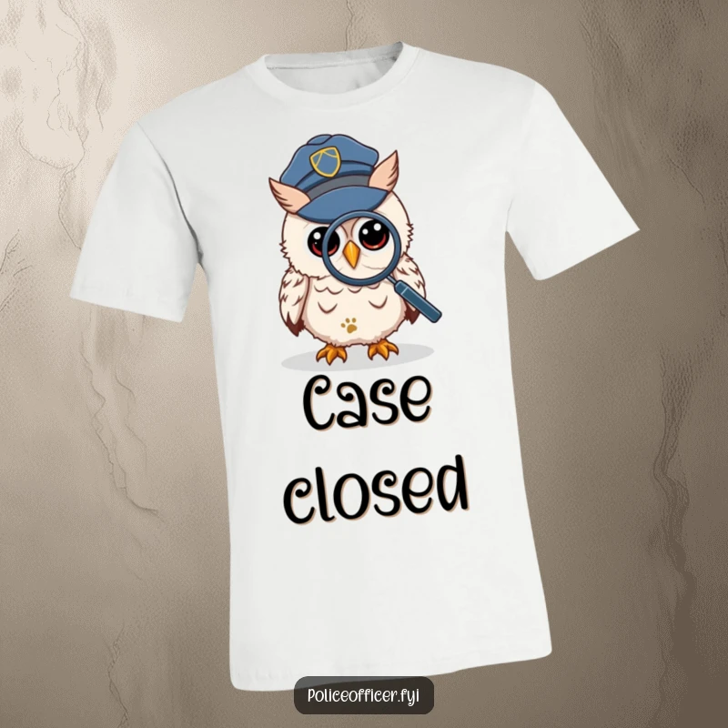 Funny T-Shirt of a wise owl in a police cap, peering through a magnifying glass at a tiny footprint, revealing clues.
