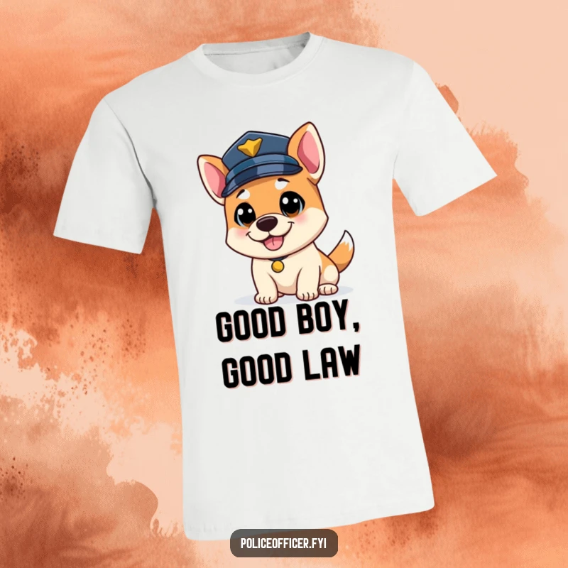 Funny bouncy dog police officer t-shirt, tail wagging enthusiastically under a police cap, pure happiness.