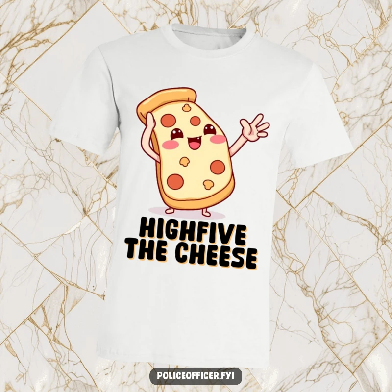 Funny pizza t-shirt showing a smiling pizza slice performing a playful high-five, celebrating friendship and good times.