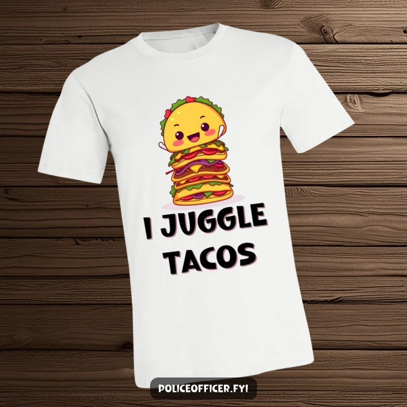 Funny t-shirt showcases a happy taco attempting to balance a wobbly tower of tacos, a comical depiction of culinary ambition.