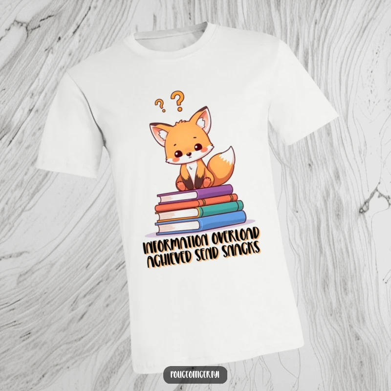 Funny T-shirt with a curious fox cub perched on a stack of books, a question mark floating above its head, ideal for book lovers.