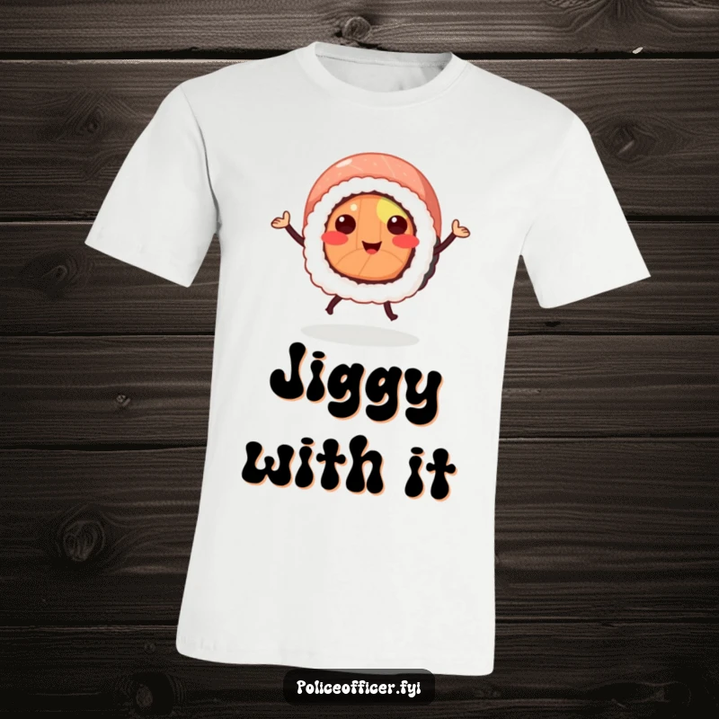 Funny sushi roll t-shirt depicting a smiling sushi with legs enthusiastically performing a cheerful dance, full of life.
