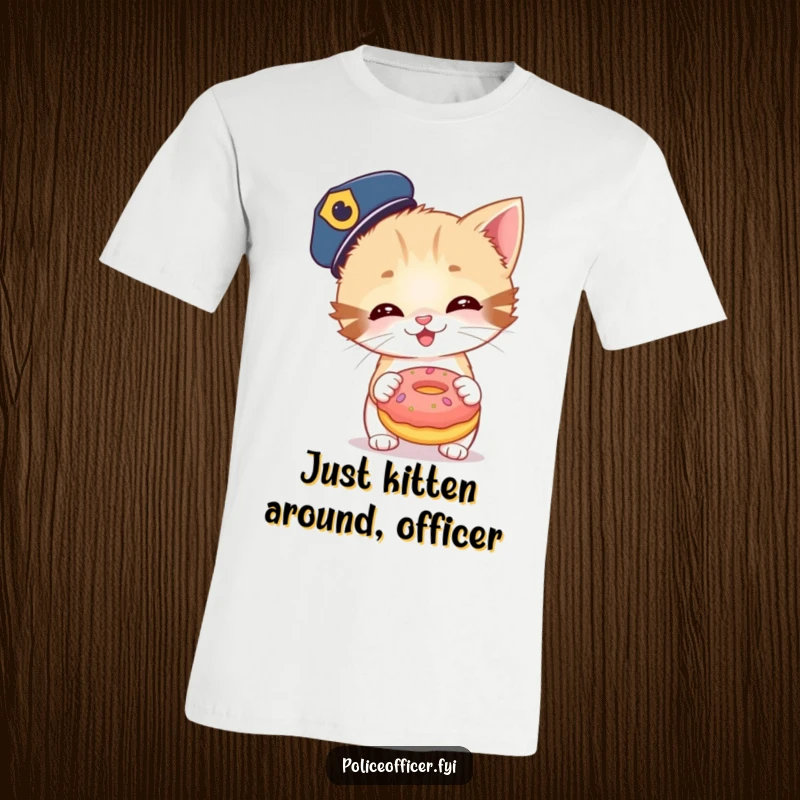 Funny t-shirt with a giggling kitten policeman about to toss an oversized donut. A humorous and adorable graphic tee.