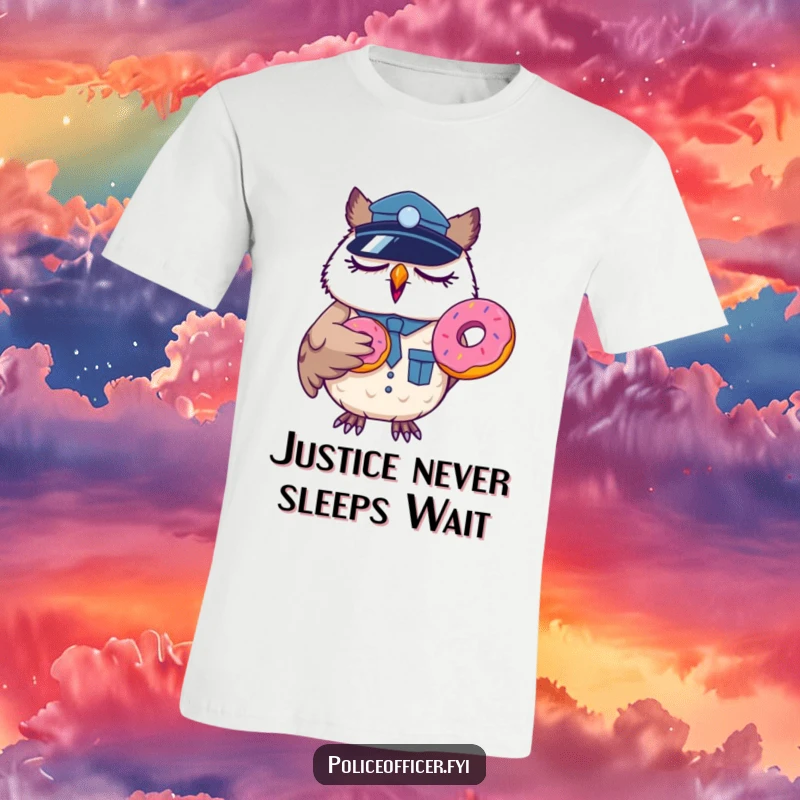 Funny sleepy owl police officer t-shirt, mid-yawn, clutching a donut, embodying law enforcement humor.