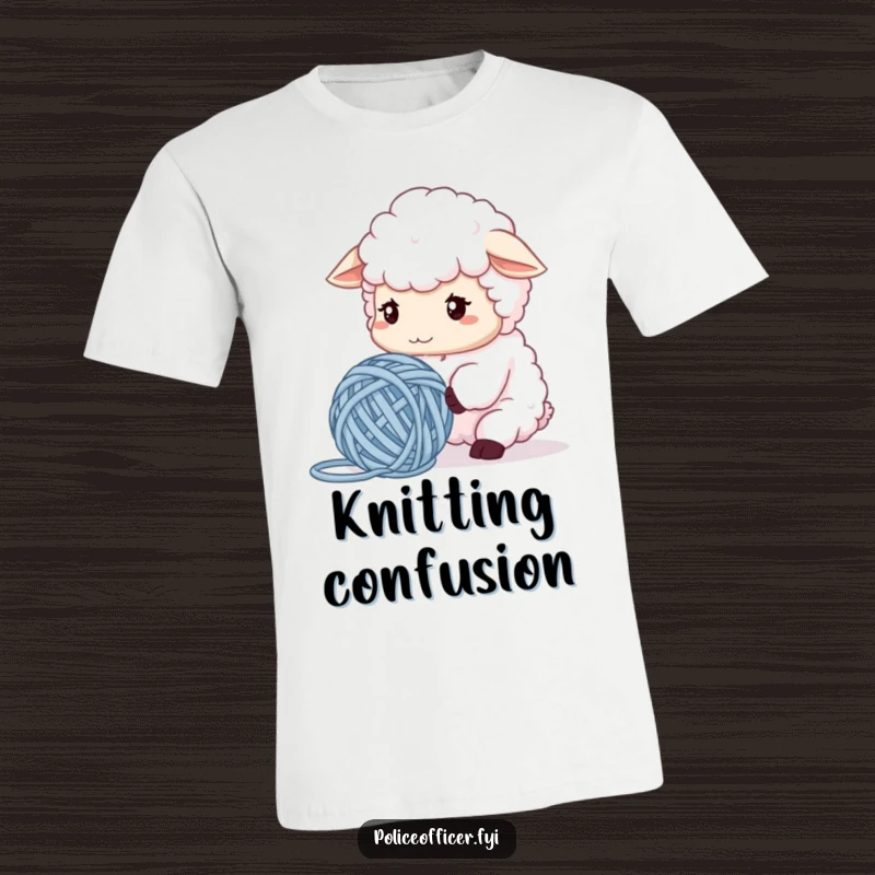 Funny Sheep T-Shirt with a fluffy sheep furrowing its brow over tangled yarn, conveying relatable crafting humor and confusion, ideal as a gift.