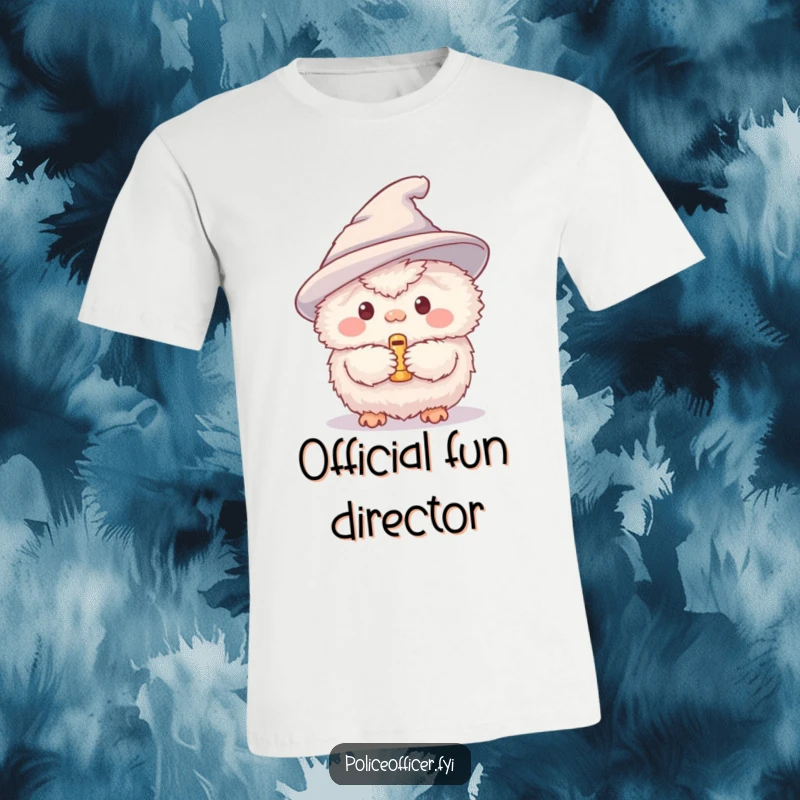 Funny t-shirt showcasing a fluffy creature wearing a tiny hat and blowing a small whistle, exuding playful authority.