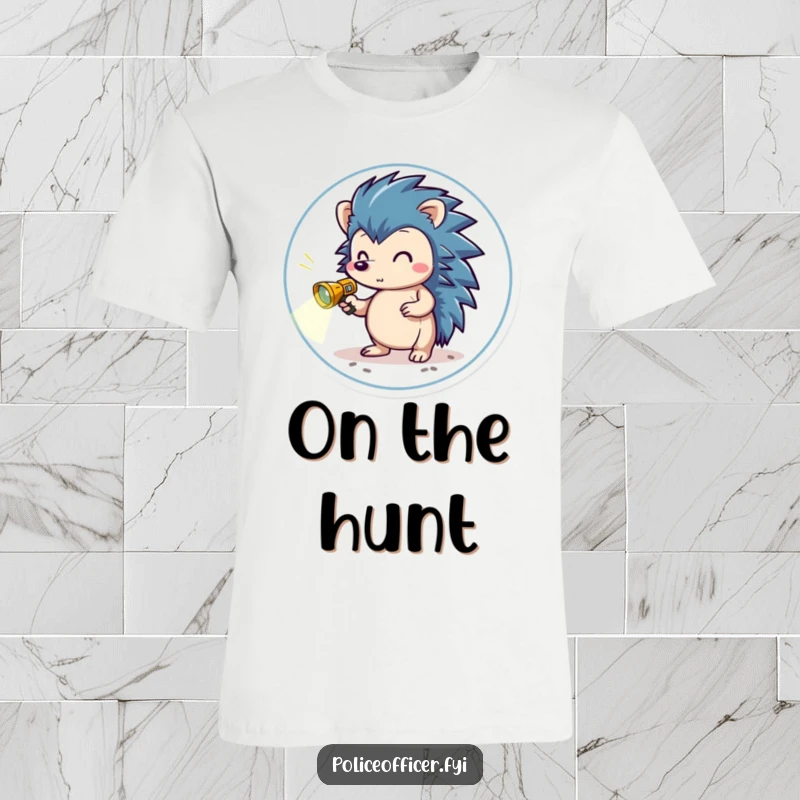 Funny T-Shirt of a brave hedgehog in a small badge, holding a miniature flashlight and scanning the ground, ready for adventure.