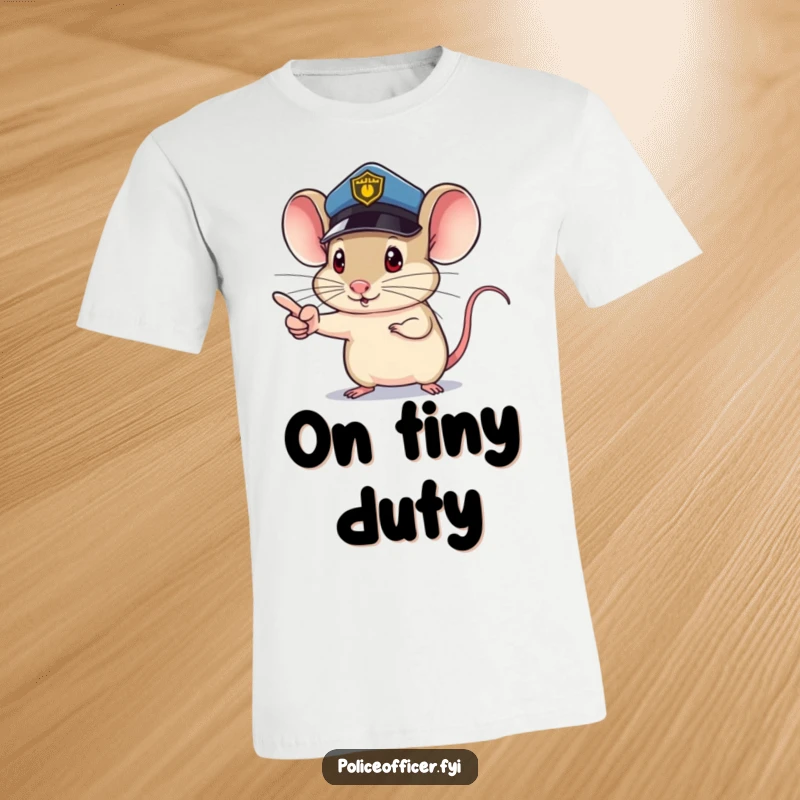 Funny Mouse T-Shirt with a mouse police officer, tiny determined pointing finger, enforcing fun, a perfect funny gift.