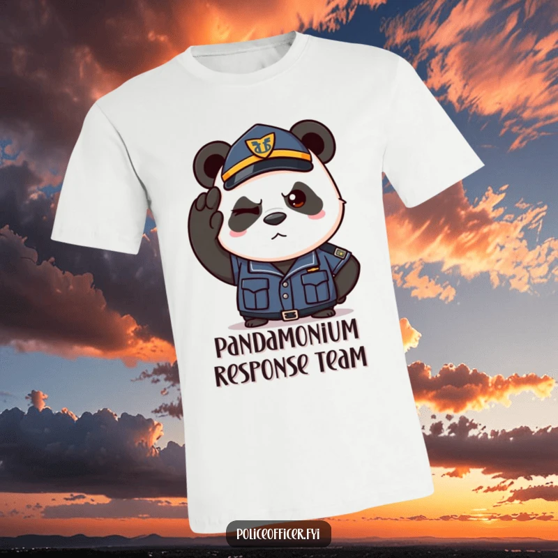 Funny t-shirt with a determined panda in a police uniform saluting with a wink. Humorous and heroic graphic.