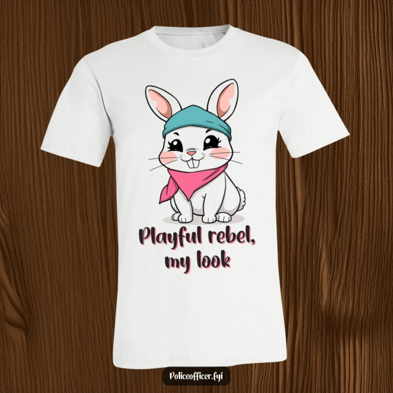 Funny Rabbit T-Shirt showcasing a playful rabbit wearing a ripped bandana and a mischievous grin, embodying fun and lightheartedness.
