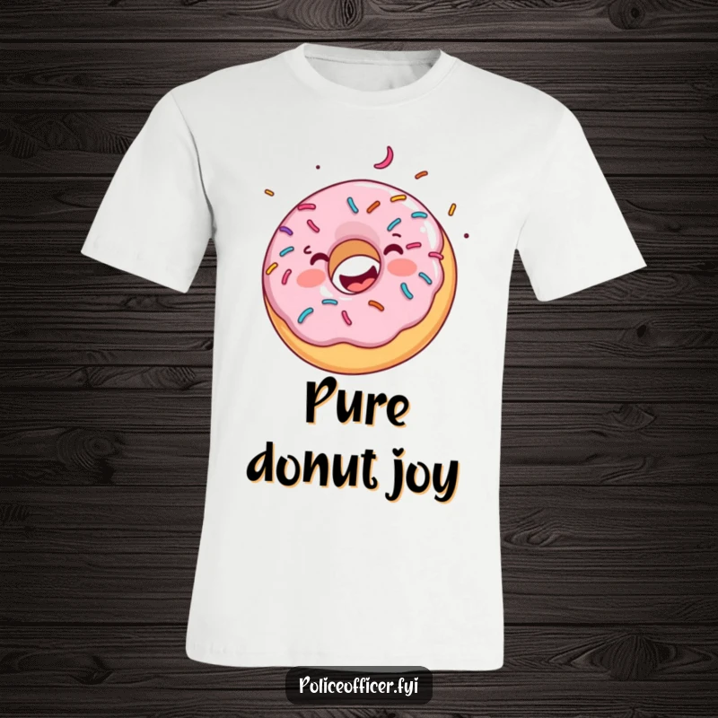 Funny t-shirt features a happy, sprinkle-covered donut in a dynamic spinning motion, symbolizing carefree fun and sugary bliss.