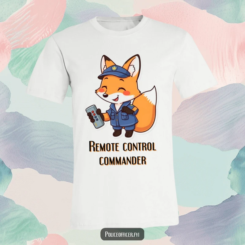 Funny Fox T-Shirt: Smiling uniformed fox confidently holding a remote control, a humorous depiction of a couch commander.