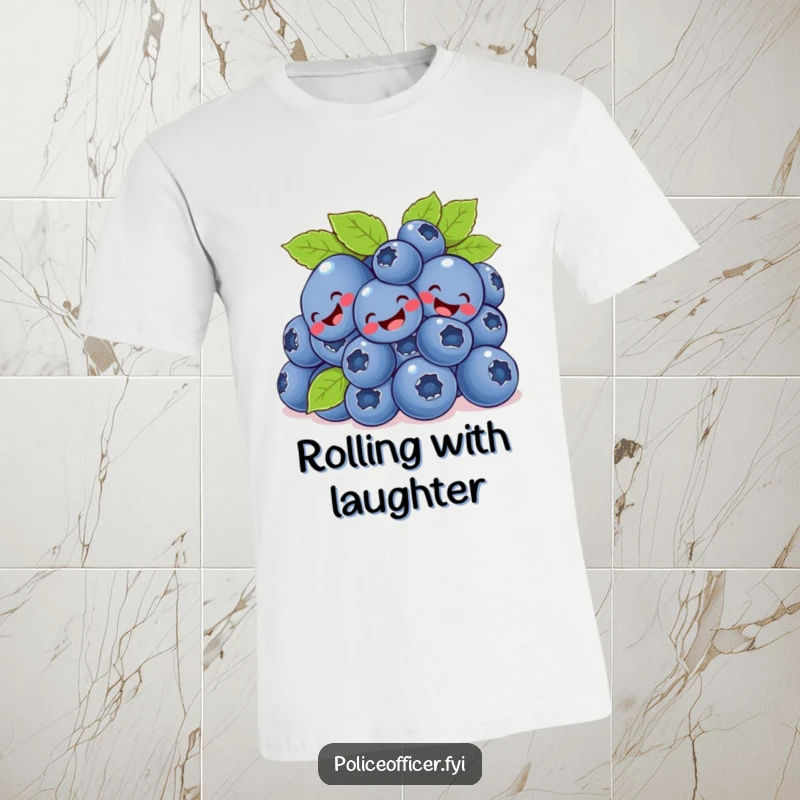 Funny bunch of blueberries with big smiles giggling while tumbling down on a t-shirt.