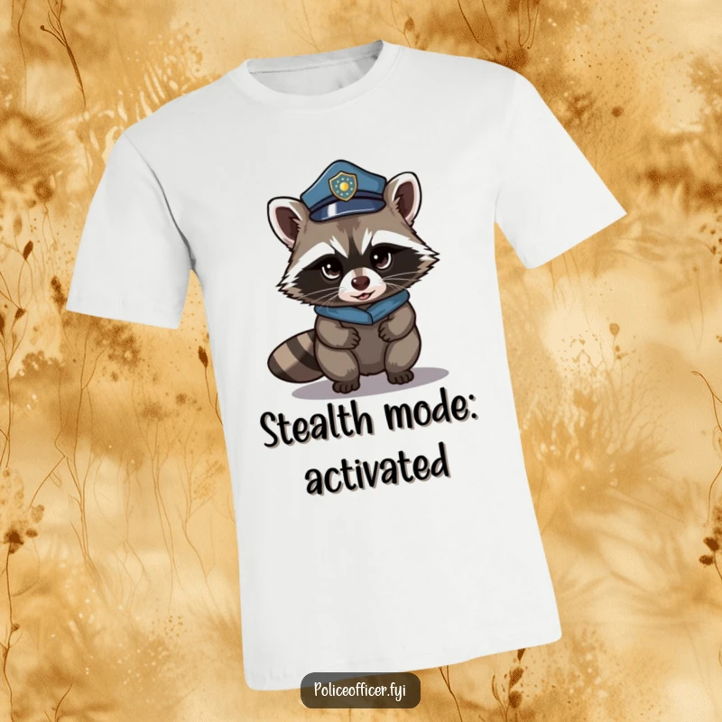 Funny t-shirt with a stealthy raccoon wearing a police hat and a mischievous glint in its eye. A humorous graphic.